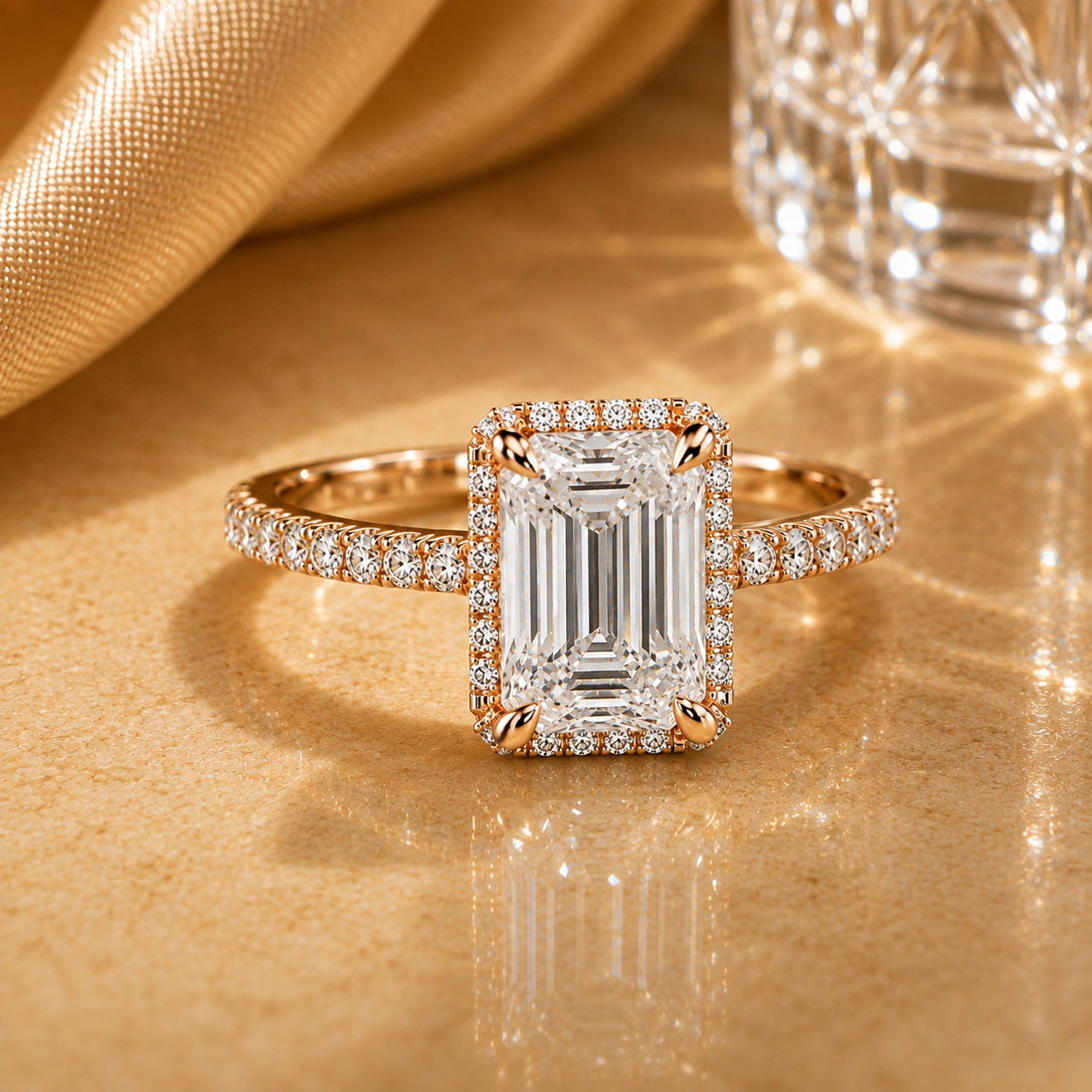 Radiant Emerald Halo Ring – Rose Gold