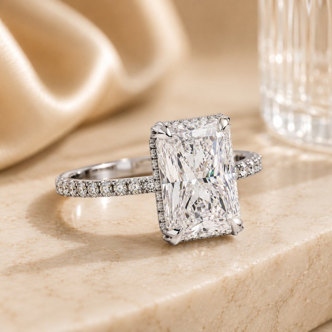 Radiant Emerald Halo Ring – White Gold