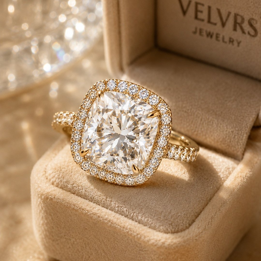 Aurora Cushion Halo Gold Ring