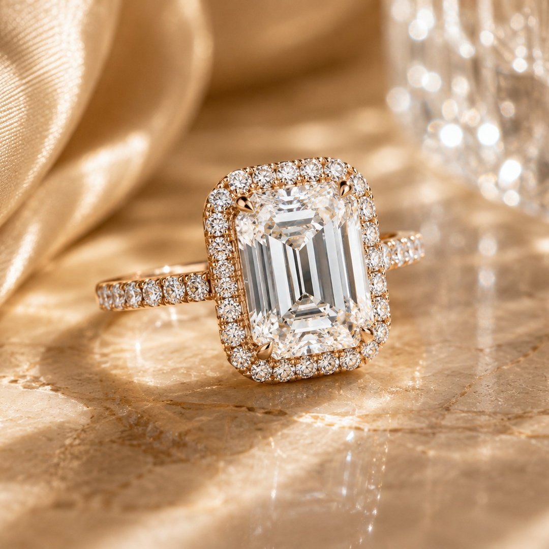 Celeste Emerald Halo Rose Gold Engagement Ring