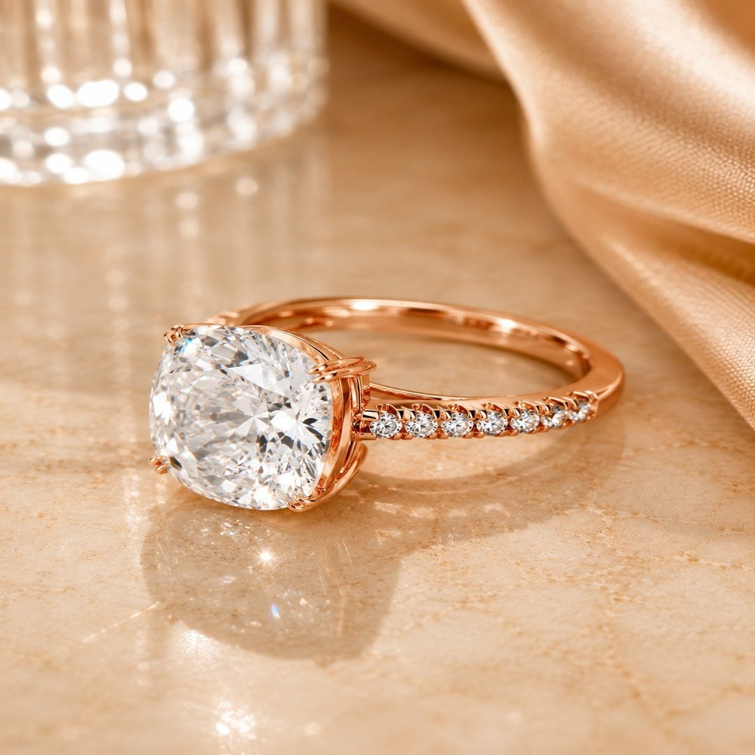 Lumière Cushion Solitaire Pavé Ring – Rose Gold